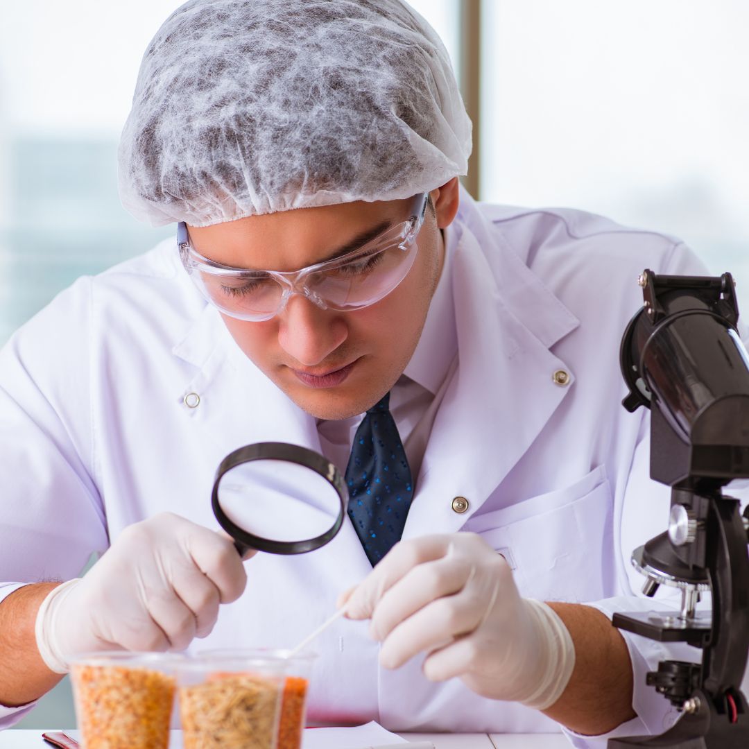 Man looking at food with a magnifying glass.